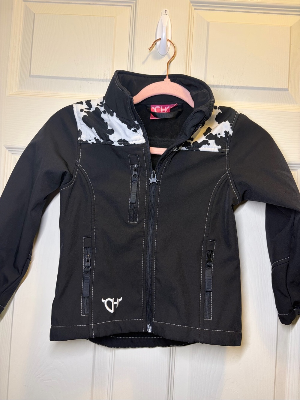 Girls' Black Puffer-Style Jacket with White Cow-Print Yoke